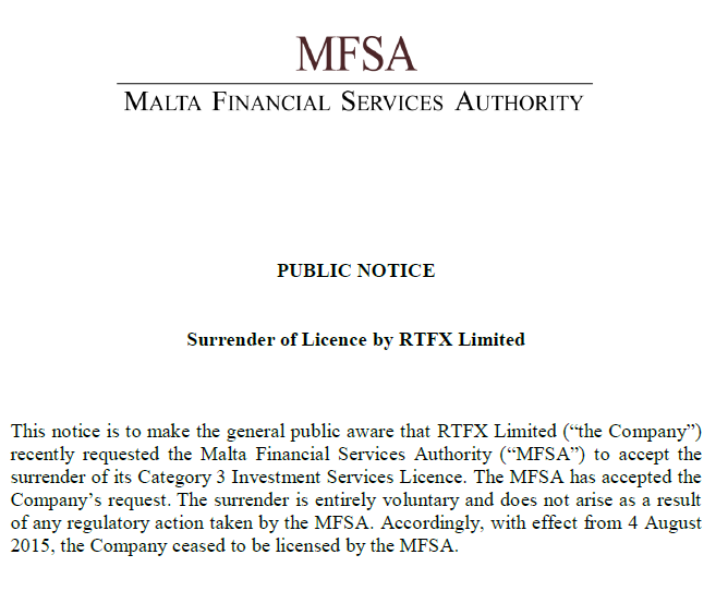 马耳他金管局MFSA接受RTFX放弃投资服务牌照的申请.png