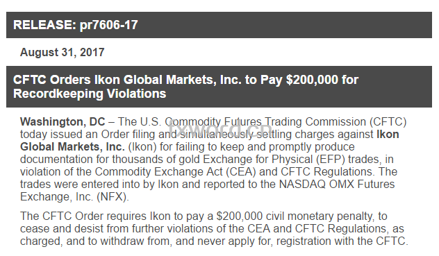 IKON爱康曾隐瞒交易记录，遭CFTC罚款200,000美元