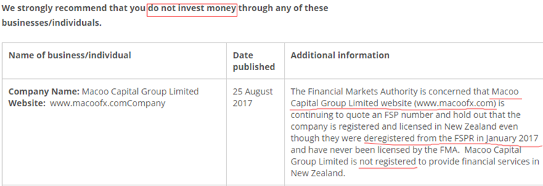 马克资本Macoofx遭新西兰FMA警告 中文网站公然宣称受监管2.png