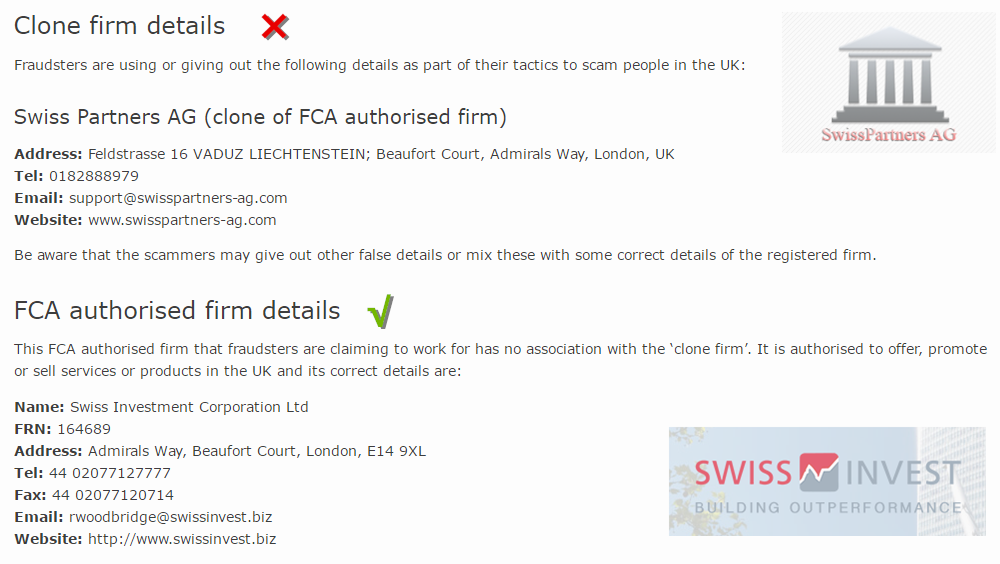 英国FCA警告克隆公司Swiss Partners AG